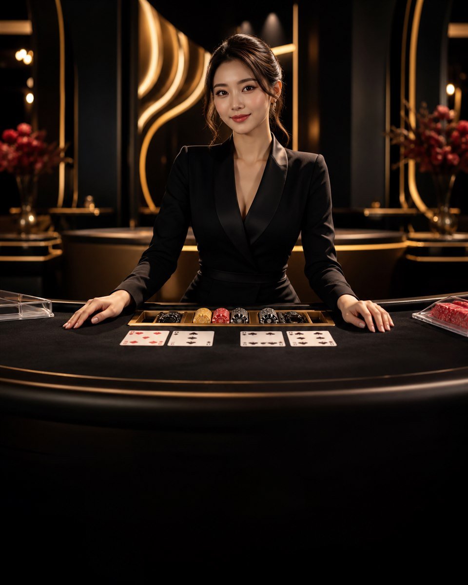 Elegant live casino dealer at a black and gold baccarat table