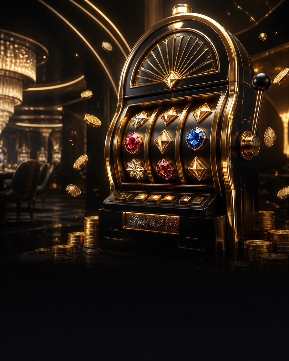 Luxury black and gold slot machine with gemstone symbols